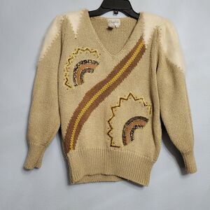 VTG 80s Christine Angora Sweater V Neck Beaded Embroidered Metallic Funky MED